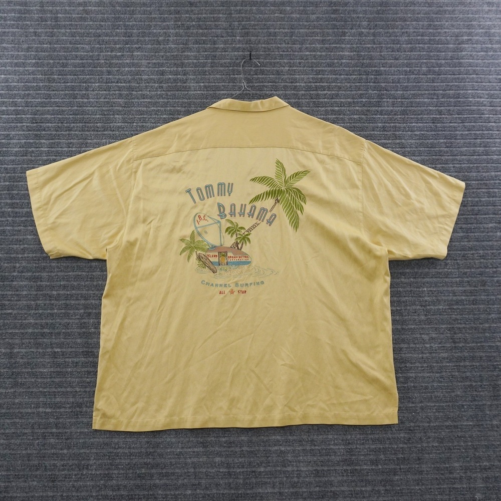 Vintage Tommy Bahama Button Up Shirt XXL Yellow Embroidered Silk Cotton Graphic